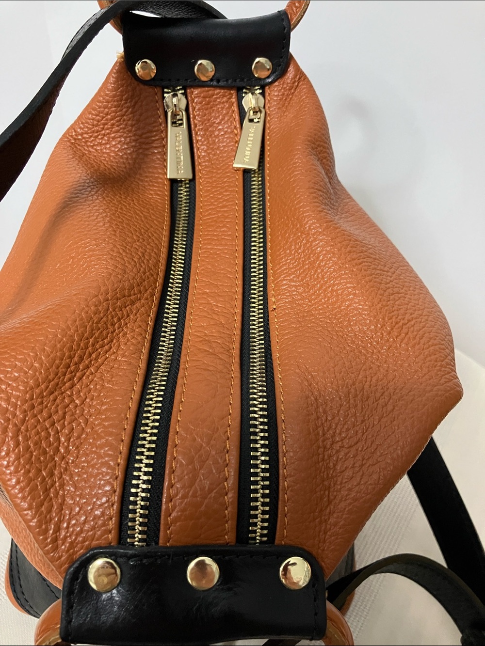 Valentina Convertible Leather Bucket Bag Cognac/Black - Picture 8 of 13